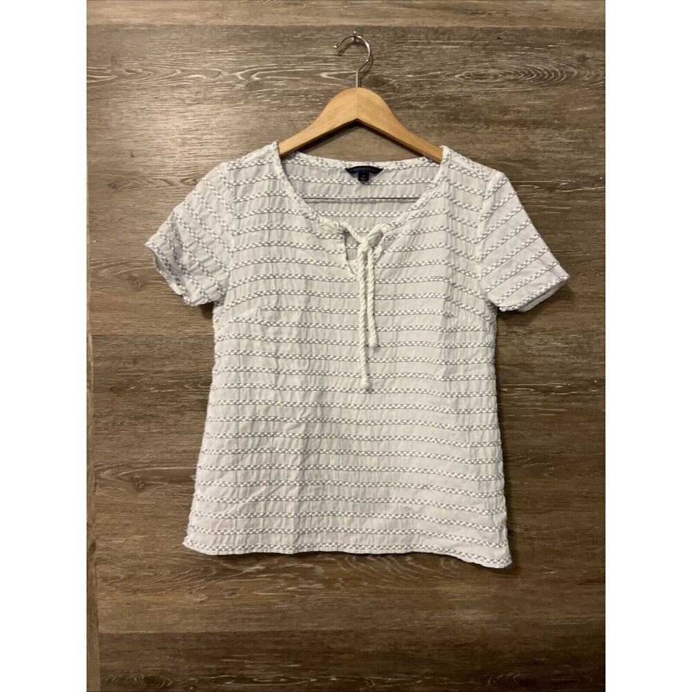 Tommy Hilfiger Blue White Women Size S Lace Up Blouse Cotton Top Nautical V Neck